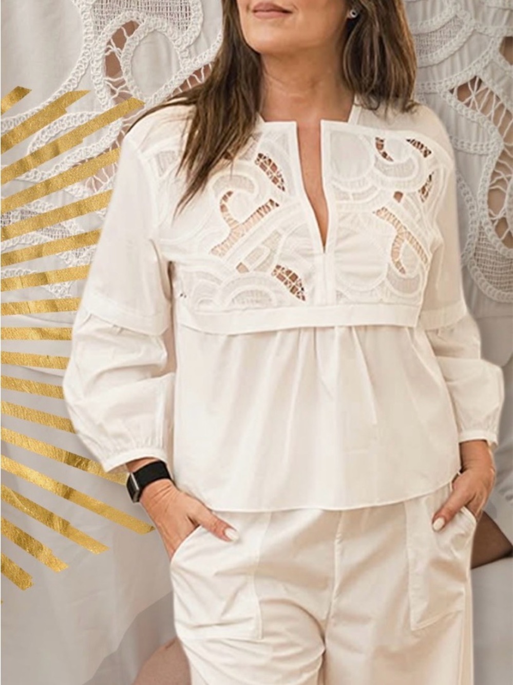 Banana Republic White Cotton Poplin Peasant Blouse with Lace-Inset